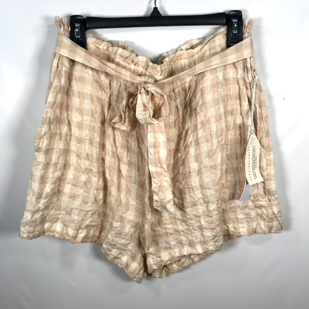 Jane Delancey Seersucker Paperbag Shorts‎ Large Tan Cream Gingham Preppy Neutral